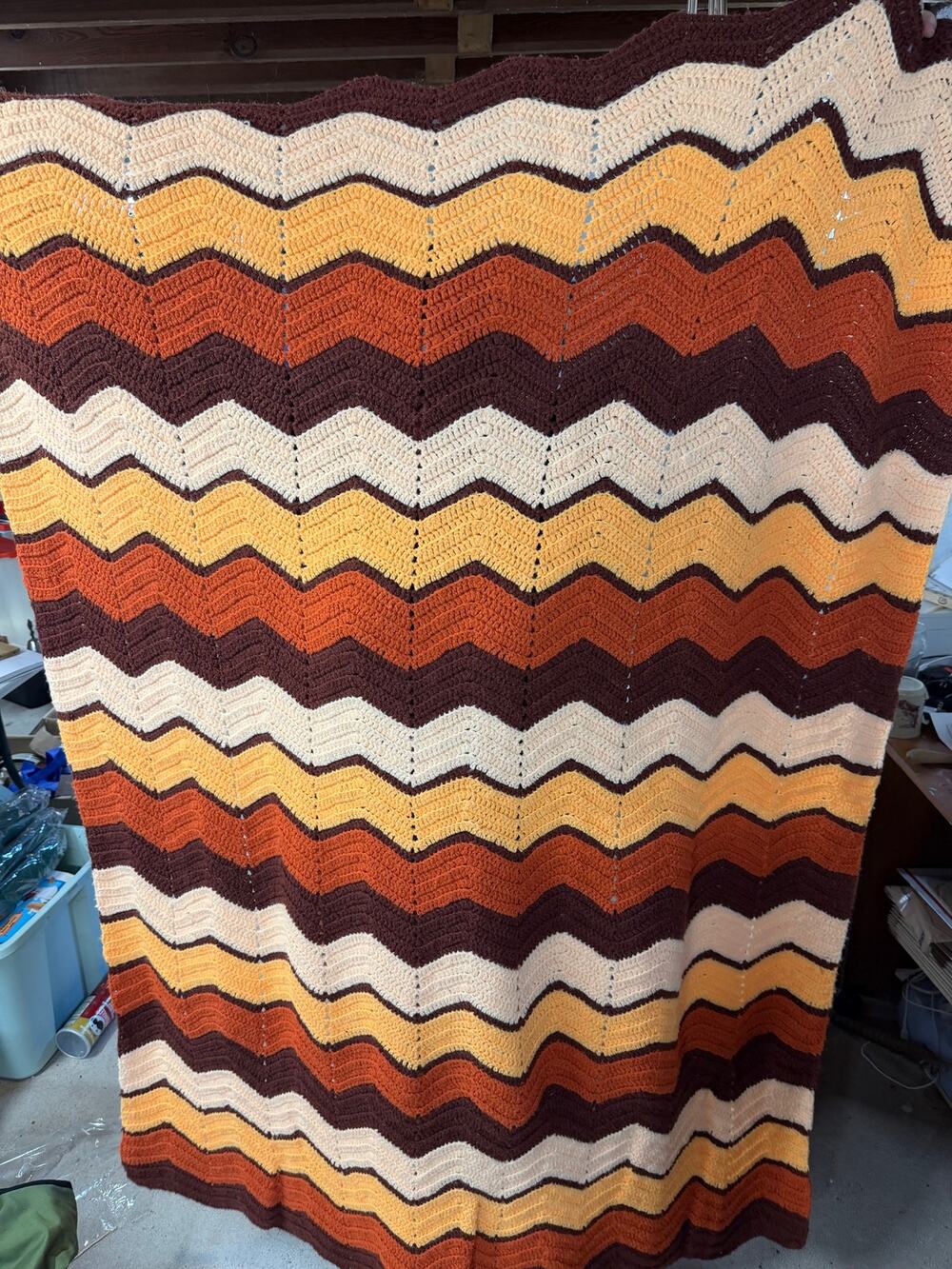 Handmade Crochet Afghan Throw Blanket 62x45 Chevron Ripple Fall Autumn Retro 70s